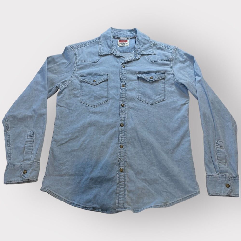 Vintage Wrangler Light Denim Western Cowboy Brown Pearl Snap Shirt | Medium